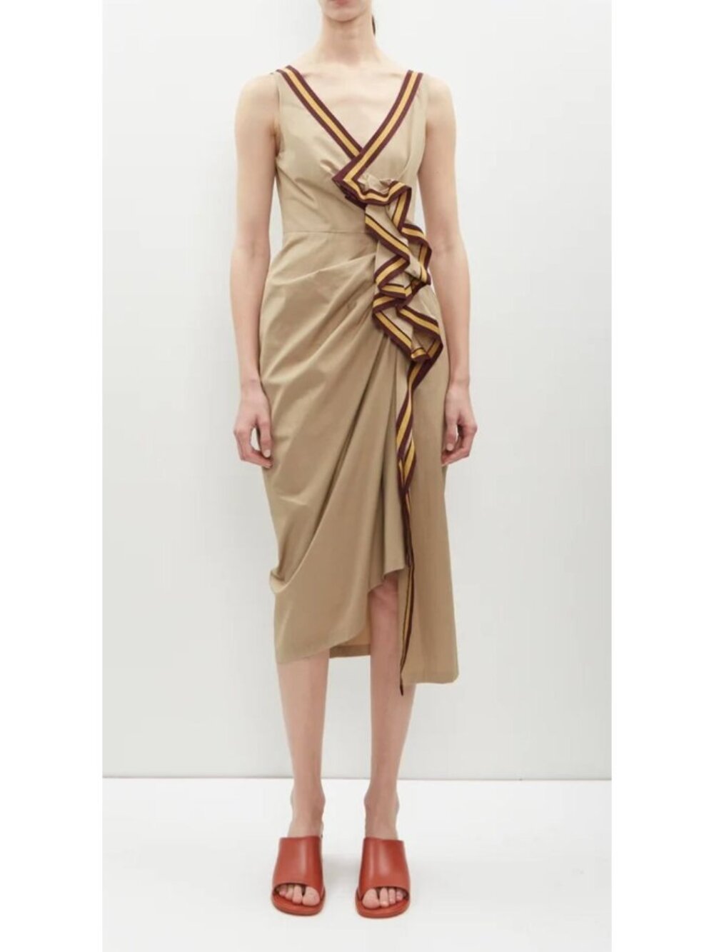 DRIES VAN NOTEN Dinari Tape Ruffle Cotton Midi Dress Brown Size 34 XS